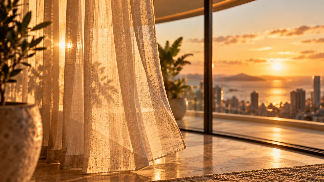 Cortina leve com vista para o pôr do sol na cidade
