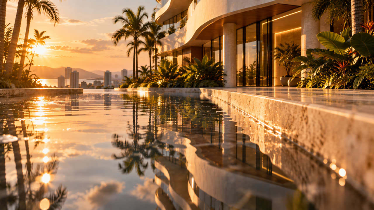Fachada curva com deck de piscina ao pôr do sol