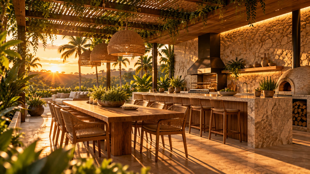 Espaço gourmet sob pergolado ao pôr do sol