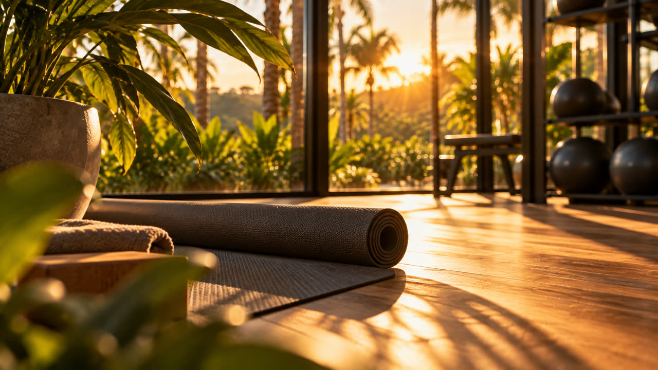 Tapete de yoga na academia com vista para o jardim