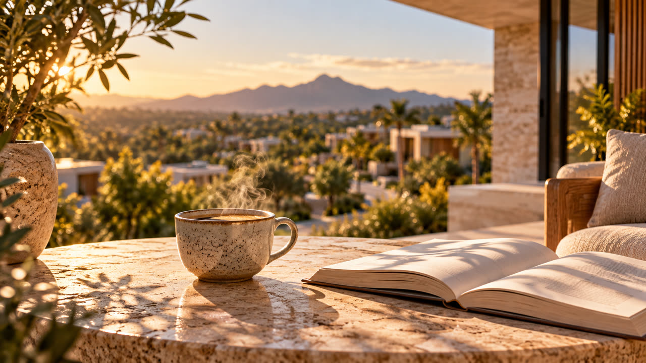 Café e livro na varanda com vista para as montanhas